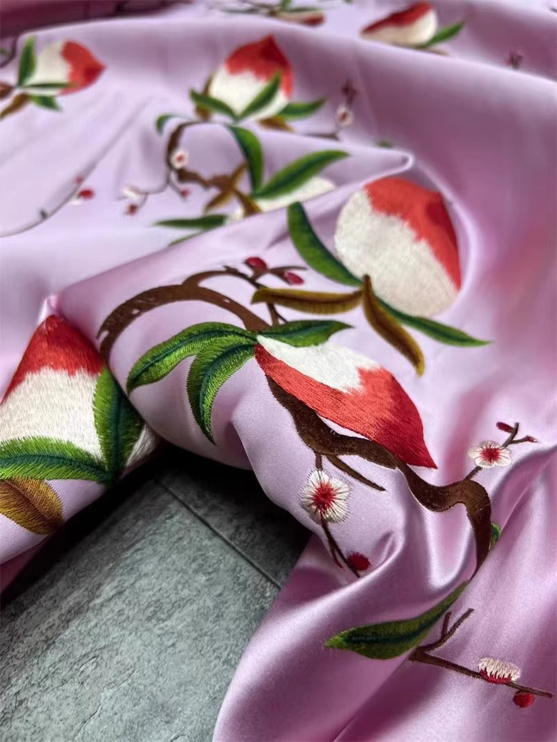 CJGFCXPT - Embroidered 100% silk SUKU satin fabric, 35 momme, 140cm wide, sold by the yard