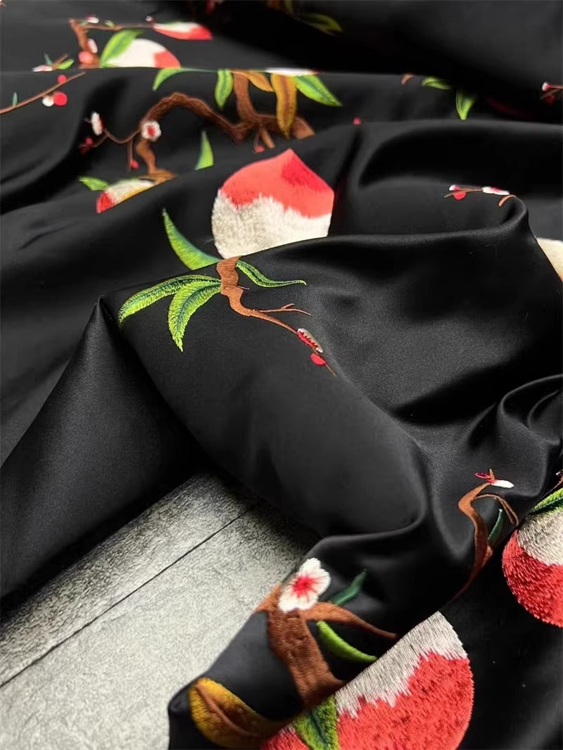 CJGFCXPT - Embroidered 100% silk SUKU satin fabric, 35 momme, 140cm wide, sold by the yard