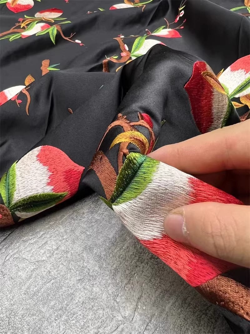 CJGFCXPT - Embroidered 100% silk SUKU satin fabric, 35 momme, 140cm wide, sold by the yard