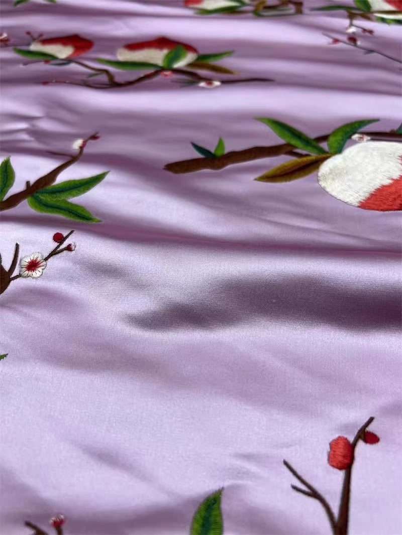CJGFCXPT - Embroidered 100% silk SUKU satin fabric, 35 momme, 140cm wide, sold by the yard
