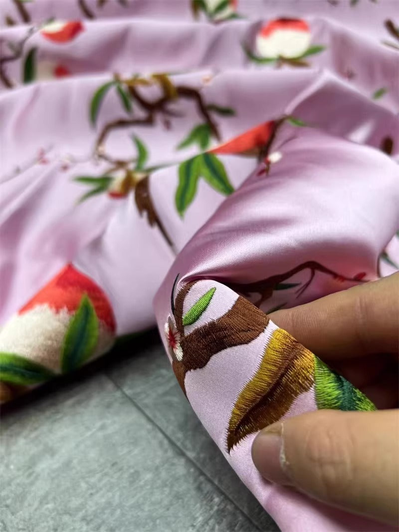 CJGFCXPT - Embroidered 100% silk SUKU satin fabric, 35 momme, 140cm wide, sold by the yard