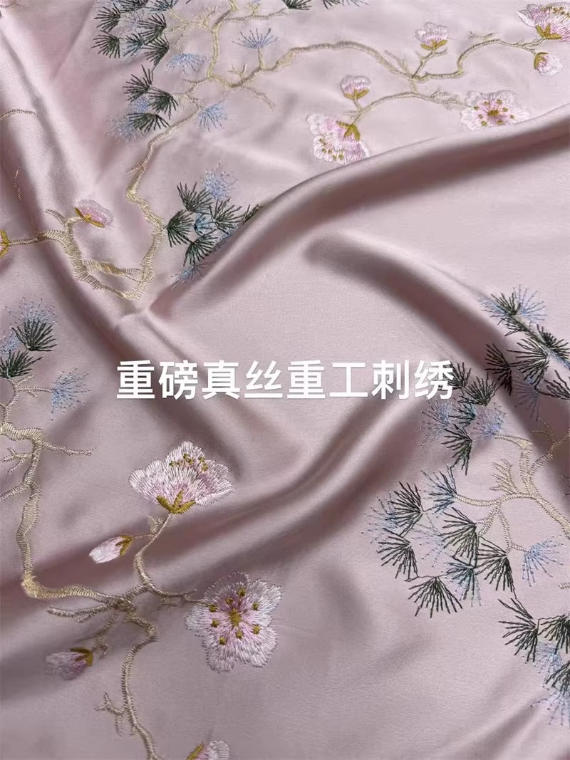 CJZGCXMH - Embroidered 100% silk satin fabric, 30 momme, 140cm wide, sold by the yard