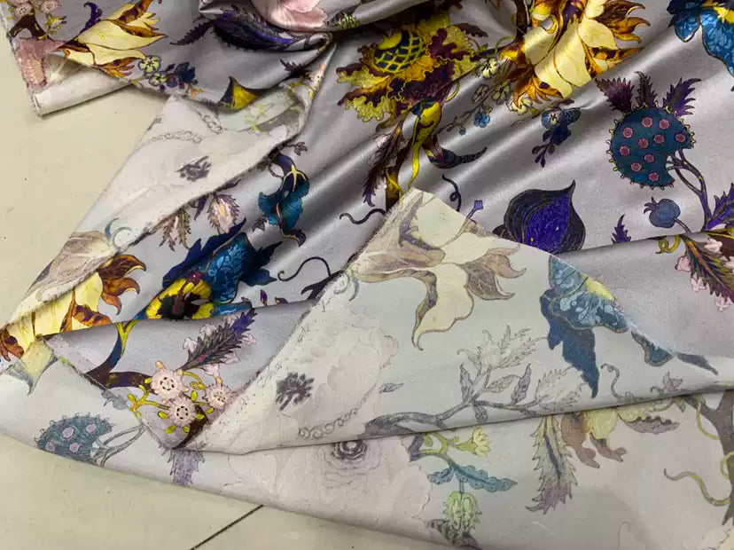 DALAFO - 19 Momme Flowers Pattern Digital Print Stretch Silk Satin Fabric - 108cm wide by the Yard