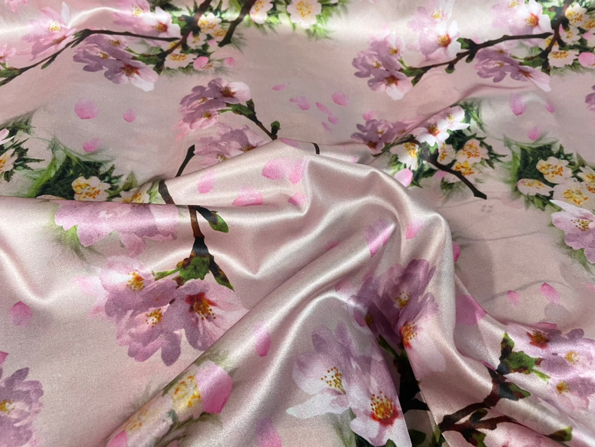 FENTAO - 19 Momme Pink Peach Blossom Pattern Digital Print Stretch Silk Satin Fabric - 108cm wide by the Yard