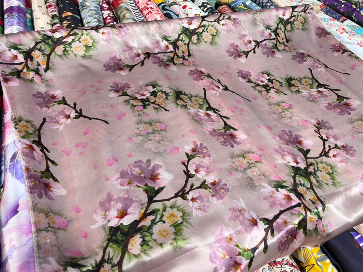 FENTAO - 19 Momme Pink Peach Blossom Pattern Digital Print Stretch Silk Satin Fabric - 108cm wide by the Yard
