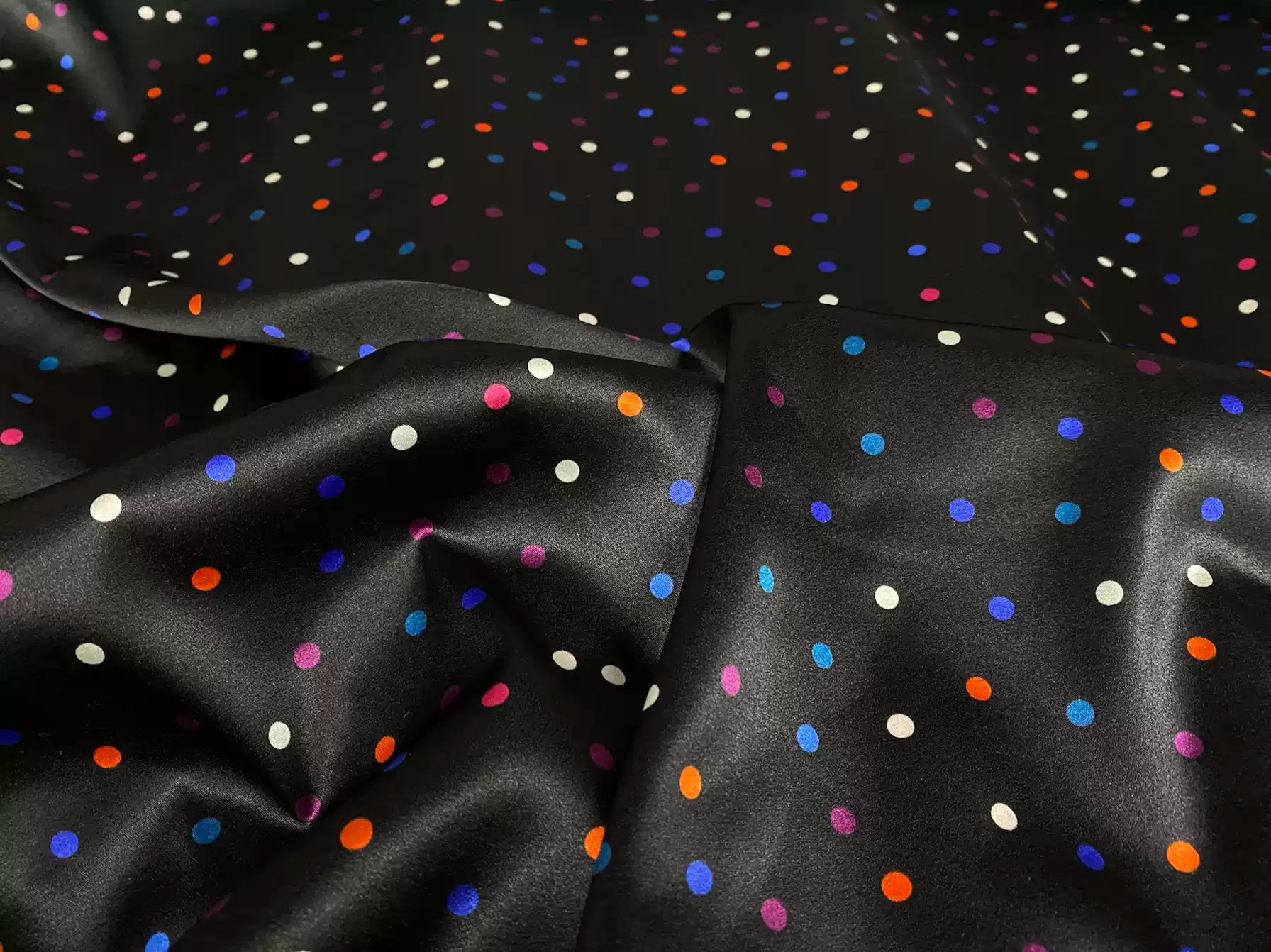 HECAIB - 19 Momme Black Background with Colorful Dots Pattern Digital Print Stretch Silk Satin Fabric - 108cm wide by the Yard