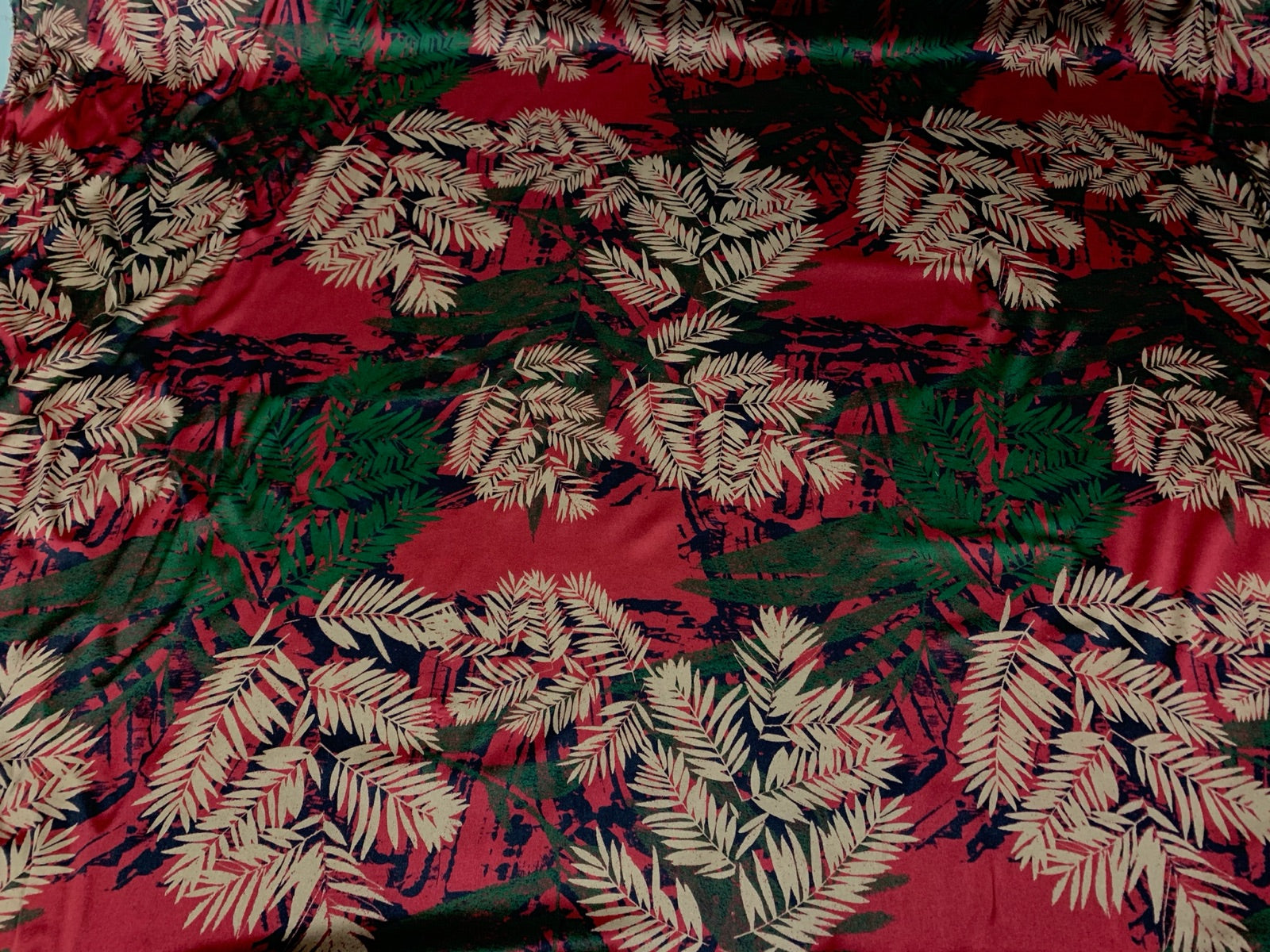 HONDIL - 19 Momme Red Background with Contrasting Leaves Pattern Digital Print Stretch Silk Satin Fabric - 108cm wide by the Yard