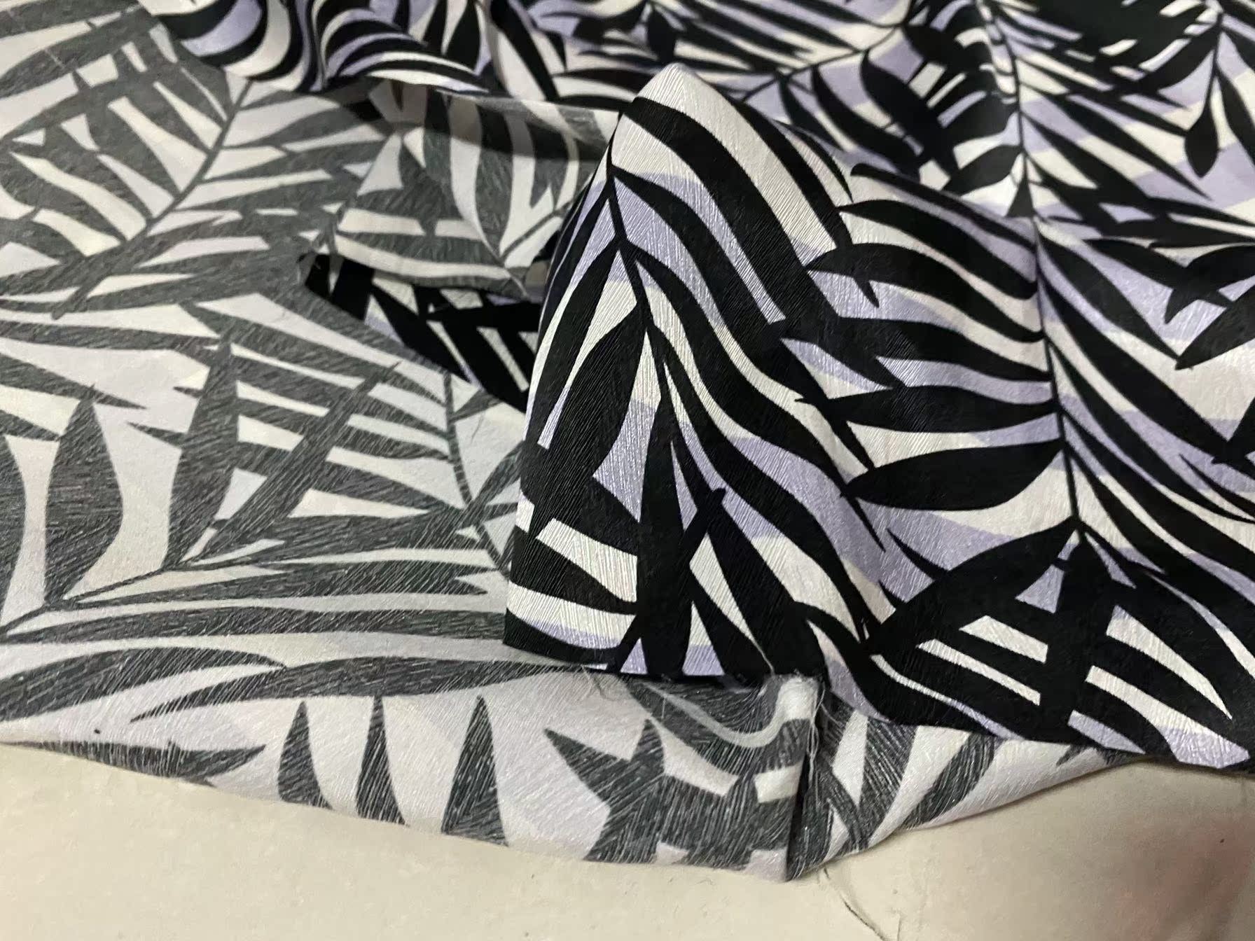 HUDAYE - 22 Momme Black and White Leaves Pattern Digital Print Stretch Silk Satin Fabric - 108cm wide by the Yard