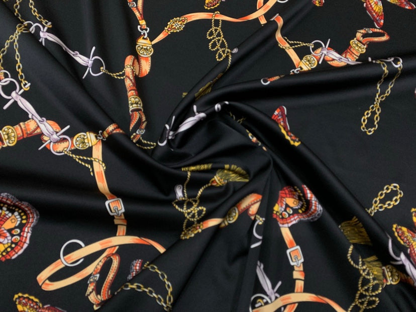 HUDLIA - 19 Momme Chain Butterfly Pattern Digital Print Stretch Silk Satin Fabric - 140cm wide by the Yard