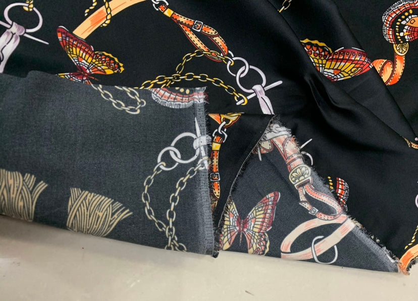 HUDLIA - 19 Momme Chain Butterfly Pattern Digital Print Stretch Silk Satin Fabric - 140cm wide by the Yard