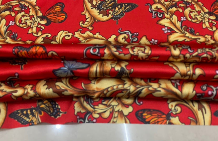 JINHUN - 19 Momme Golden Butterfly Pattern Digital Print Stretch Silk Satin Fabric - 140cm wide by the Yard