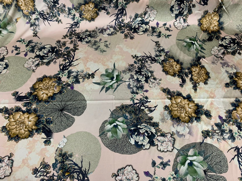 JINMUD - 19 Momme Elegant Flowers  Pattern Digital Print Stretch Silk Satin Fabric - 140cm wide by the Yard
