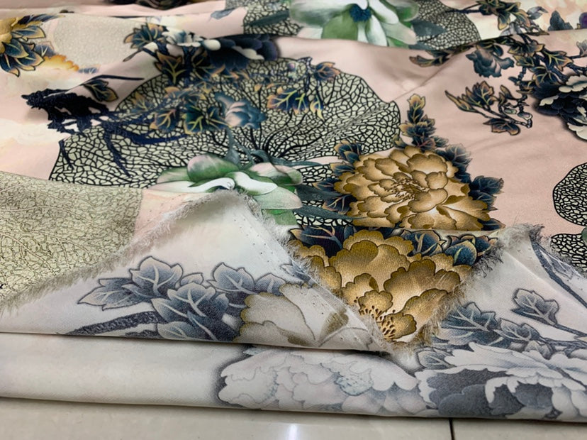 JINMUD - 19 Momme Elegant Flowers  Pattern Digital Print Stretch Silk Satin Fabric - 140cm wide by the Yard