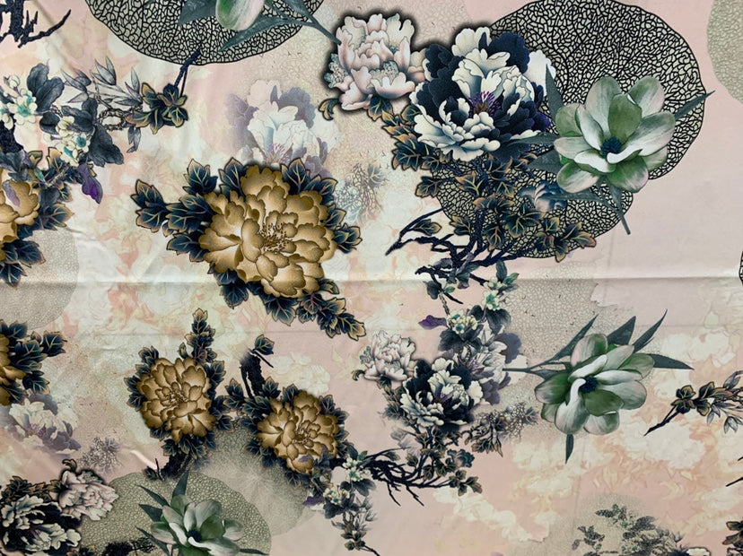 JINMUD - 19 Momme Elegant Flowers  Pattern Digital Print Stretch Silk Satin Fabric - 140cm wide by the Yard