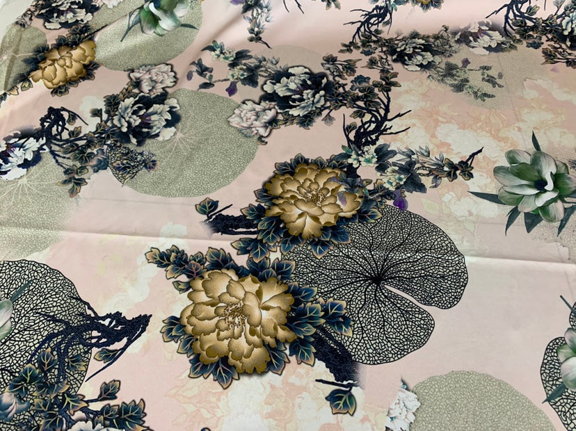 JINMUD - 19 Momme Elegant Flowers  Pattern Digital Print Stretch Silk Satin Fabric - 140cm wide by the Yard