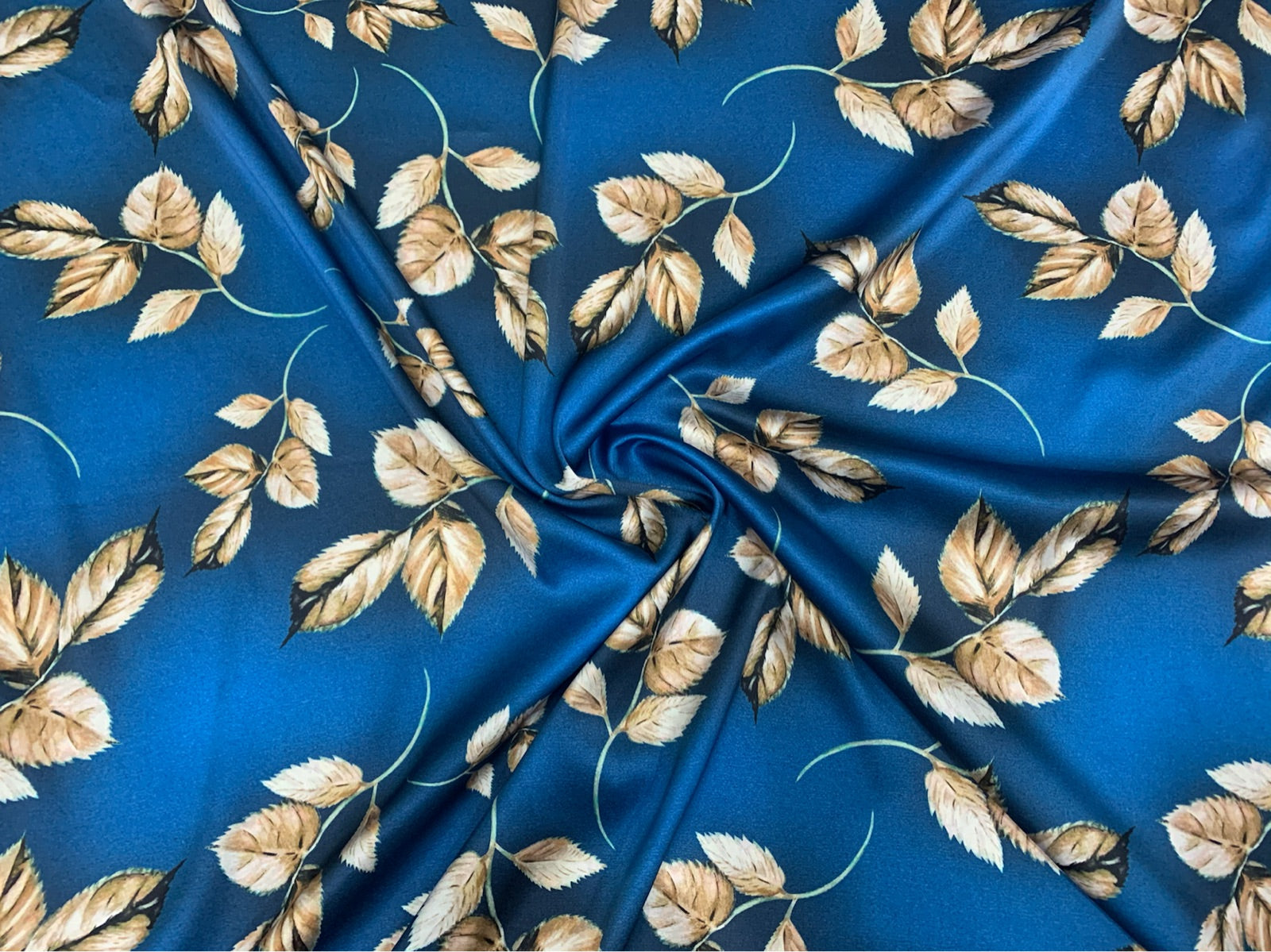 LABLUE - 19 Momme Blue Leaves Pattern Digital Print Stretch Silk Satin Fabric - 140cm wide by the Yard