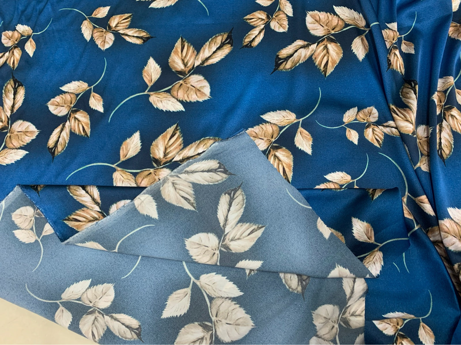 LABLUE - 19 Momme Blue Leaves Pattern Digital Print Stretch Silk Satin Fabric - 140cm wide by the Yard