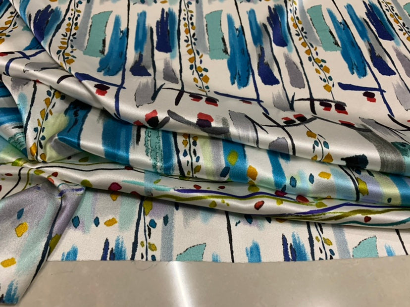 LINEFA - 19 Momme Floral Lines Pattern Digital Print Stretch Silk Satin Fabric - 140cm wide by the Yard