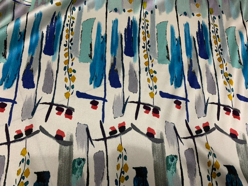 LINEFA - 19 Momme Floral Lines Pattern Digital Print Stretch Silk Satin Fabric - 140cm wide by the Yard