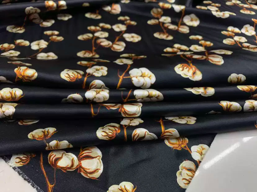 LITCOT - 19 Momme Small Cotton Florals Pattern Digital Print Stretch Silk Satin Fabric - 135cm wide by the Yard