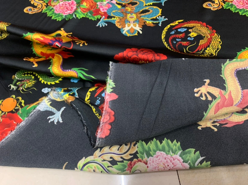 LONGFES - 19 Momme Black Dragon and Phoenix Pattern Digital Print Stretch Silk Satin Fabric - 140cm wide by the Yard