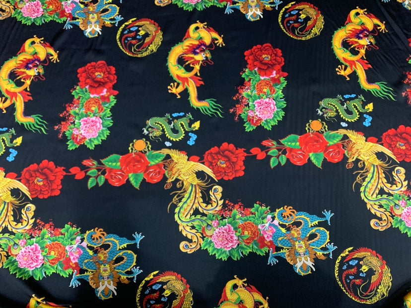 LONGFES - 19 Momme Black Dragon and Phoenix Pattern Digital Print Stretch Silk Satin Fabric - 140cm wide by the Yard