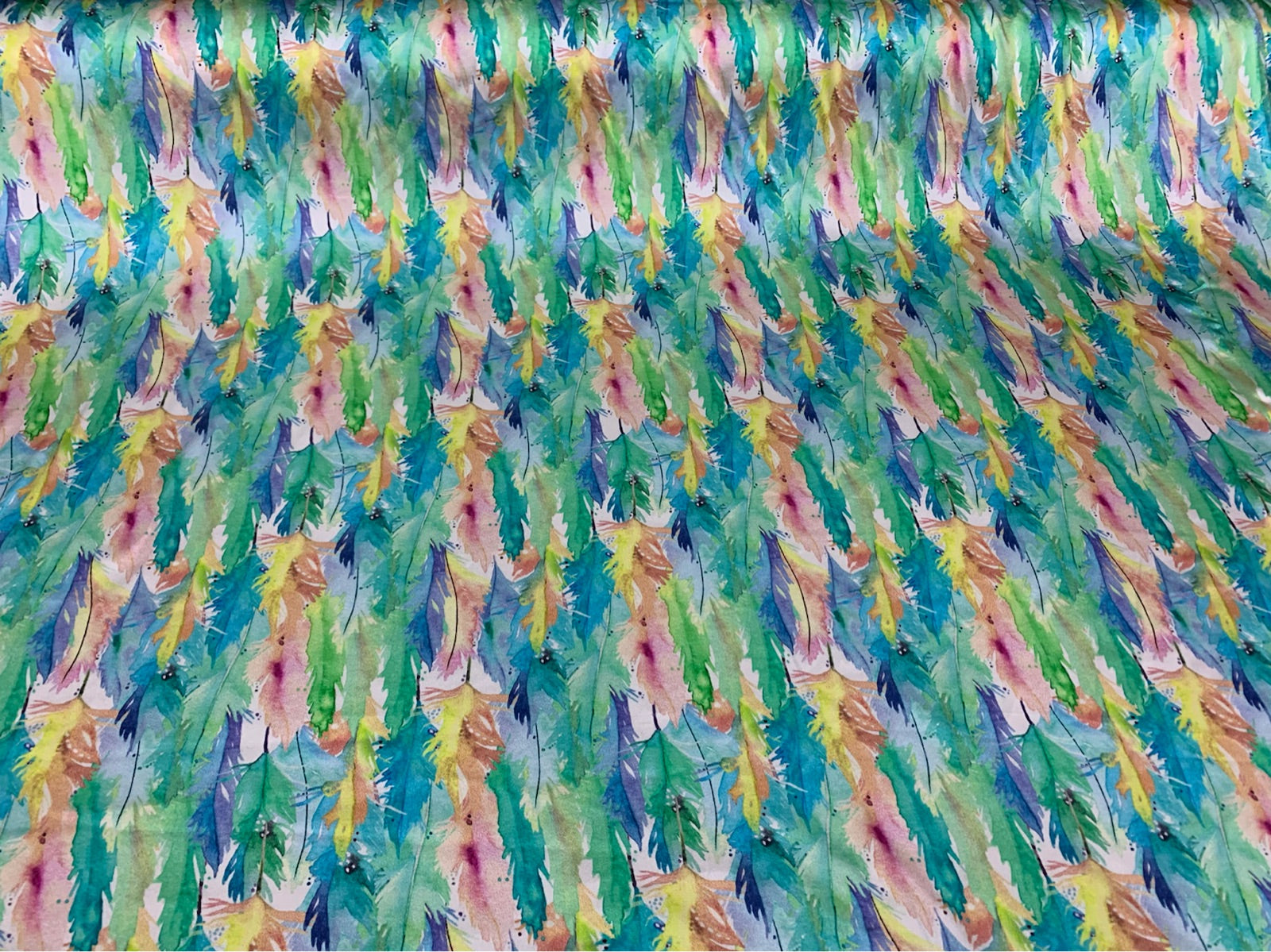 LUFEMA - 19 Momme Green and Pink Feathers Pattern Digital Print Stretch Silk Satin Fabric - 108cm wide by the Yard