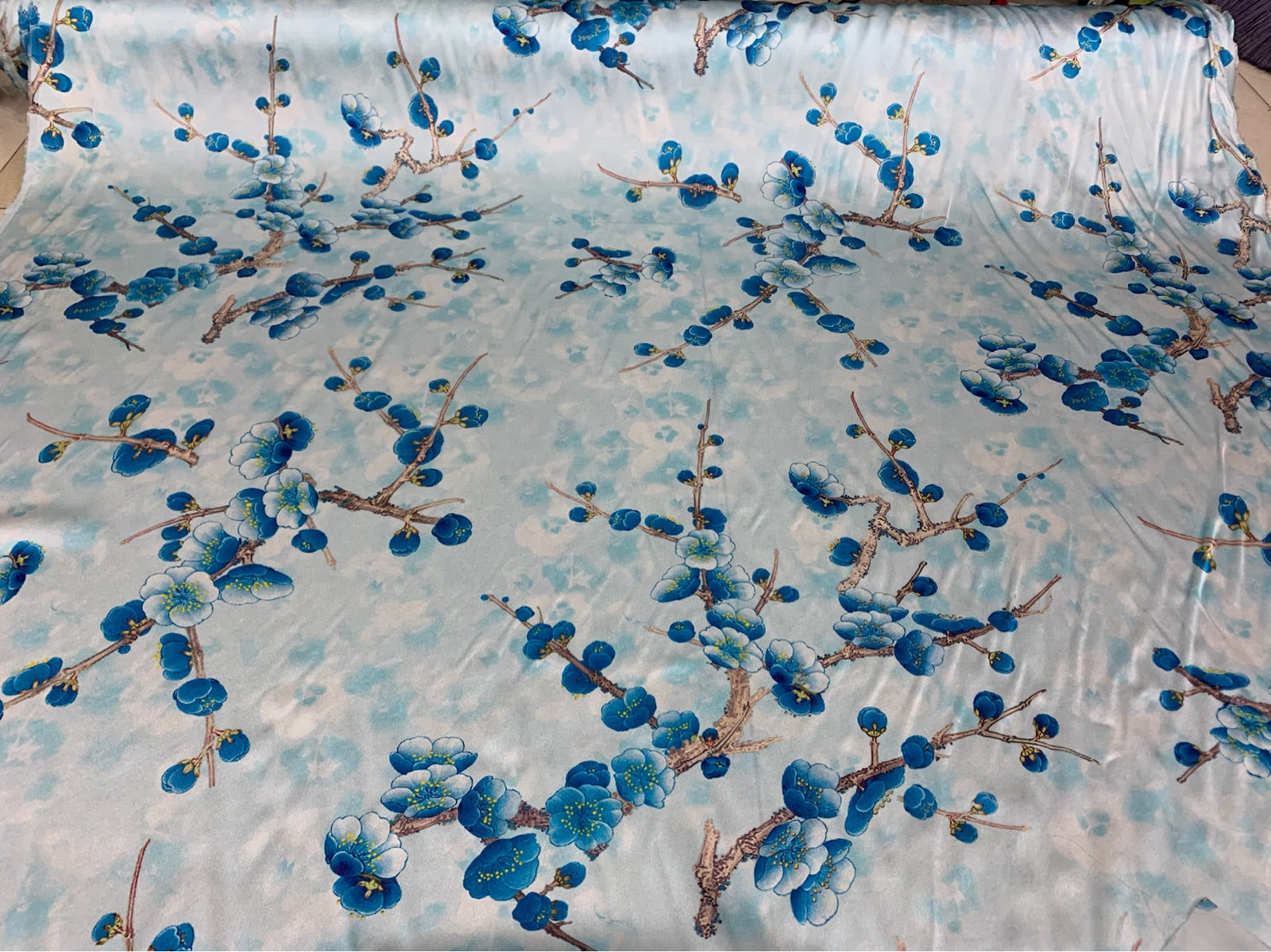 METREE  - 19 Momme Elegant Orchid-colored Plum Tree with White Background Pattern Digital Print Stretch Silk Satin Fabric - 108cm wide by the Yard