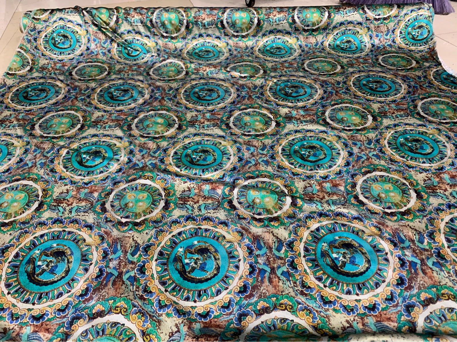 MINZOL - 19 Momme Ethnic Round Wheel Pattern Digital Print Stretch Silk Satin Fabric - 108cm wide by the Yard