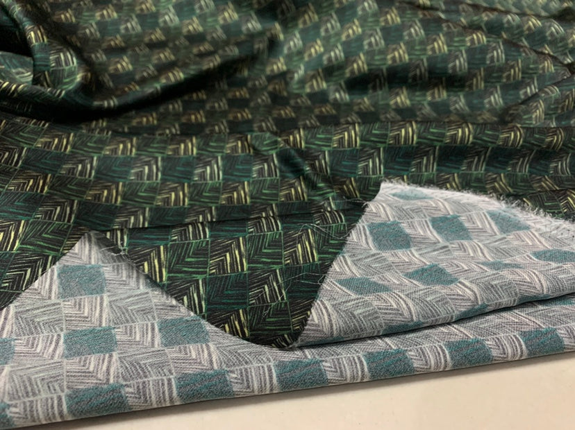 MOLVLG - 19 Momme Dark Green Checkered Lines Digital Print Stretch Silk Satin Fabric - 108cm wide by the Yard