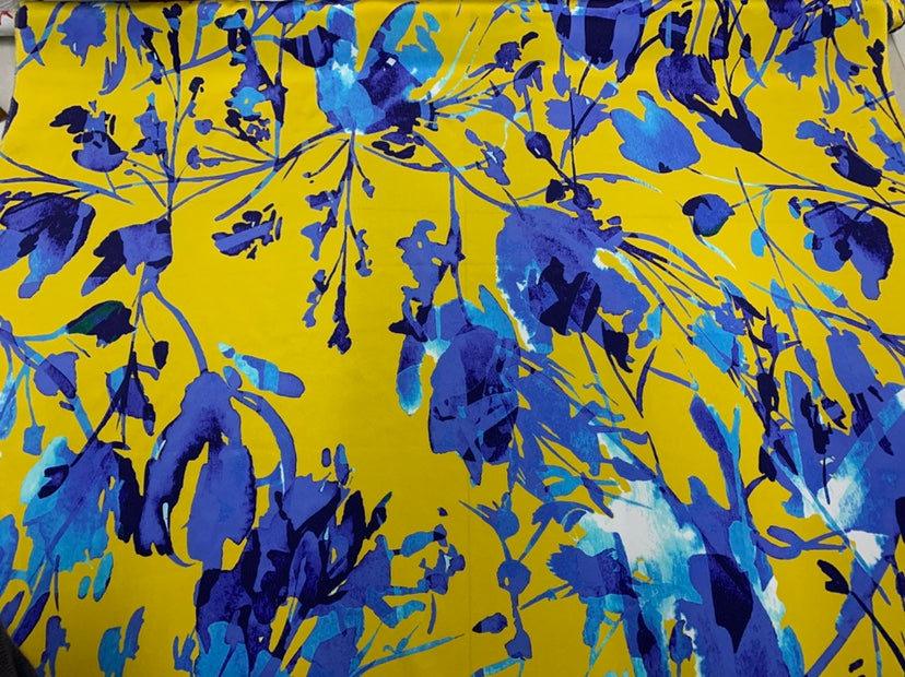 OMEIHL - 19 Momme Yellow and Blue Contrasting Colors Pattern Digital Print Stretch Silk Satin Fabric - 108cm wide by the Yard