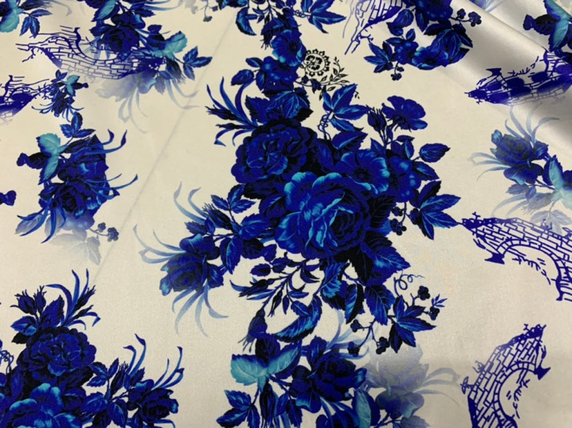 QINFAC - 19 Momme Blue and White Porcelain Pattern Digital Print Stretch Silk Satin Fabric - 140cm wide by the Yard