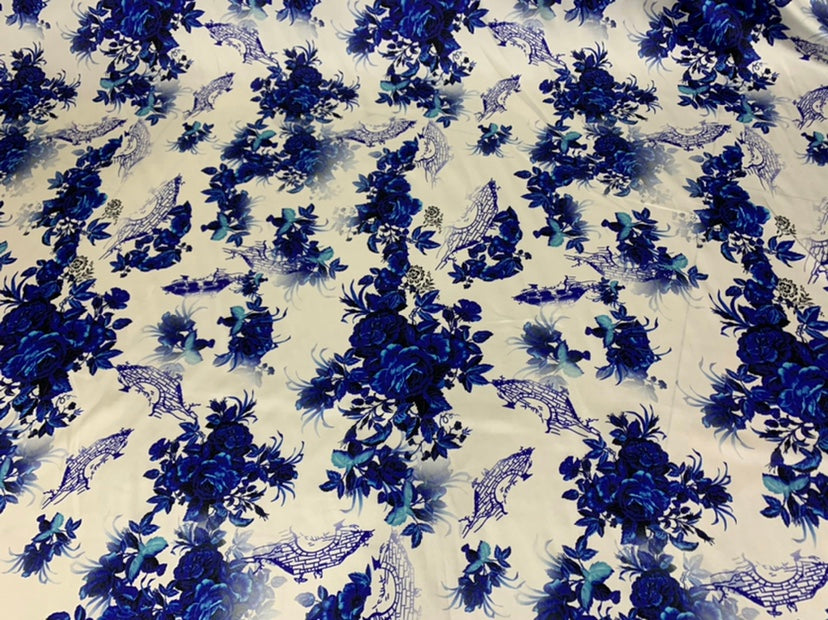 QINFAC - 19 Momme Blue and White Porcelain Pattern Digital Print Stretch Silk Satin Fabric - 140cm wide by the Yard