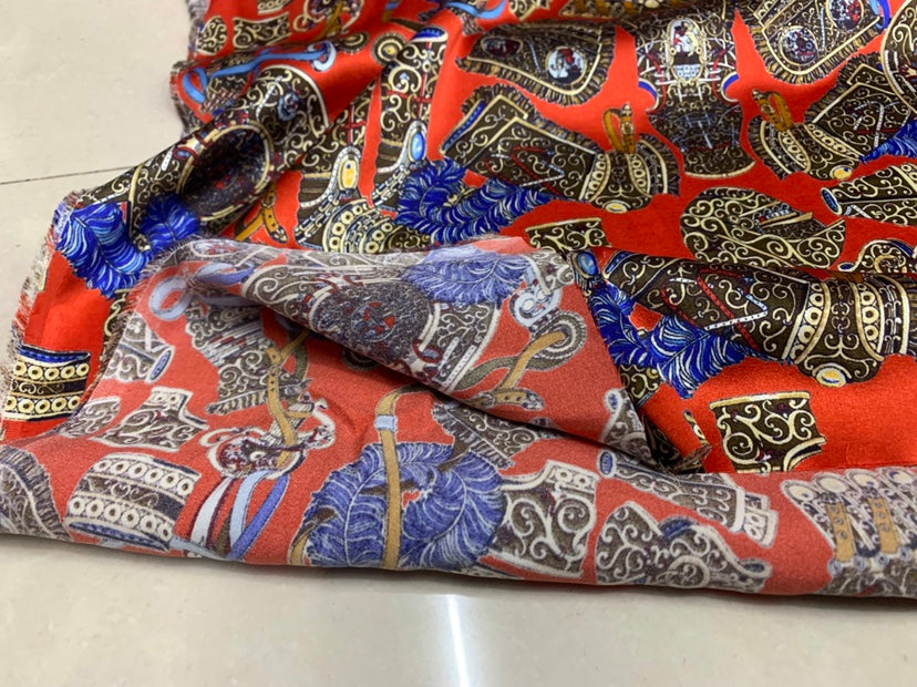 ROMKJA - 19 Momme Retro Roman Armor Pattern Digital Print Stretch Silk Satin Fabric - 140cm wide by the Yard