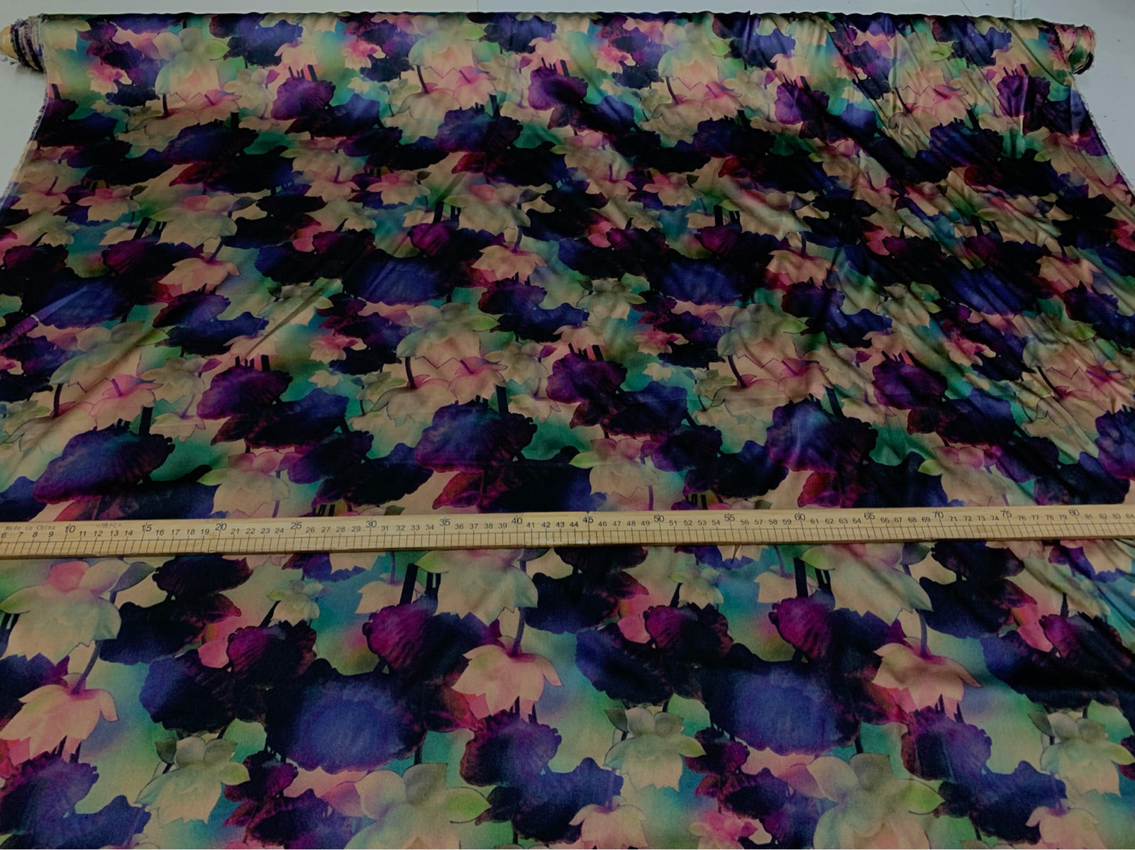 SENZFA - 19 Momme Dark Purple Flowers Pattern Digital Print Stretch Silk Satin Fabric - 108cm wide by the Yard