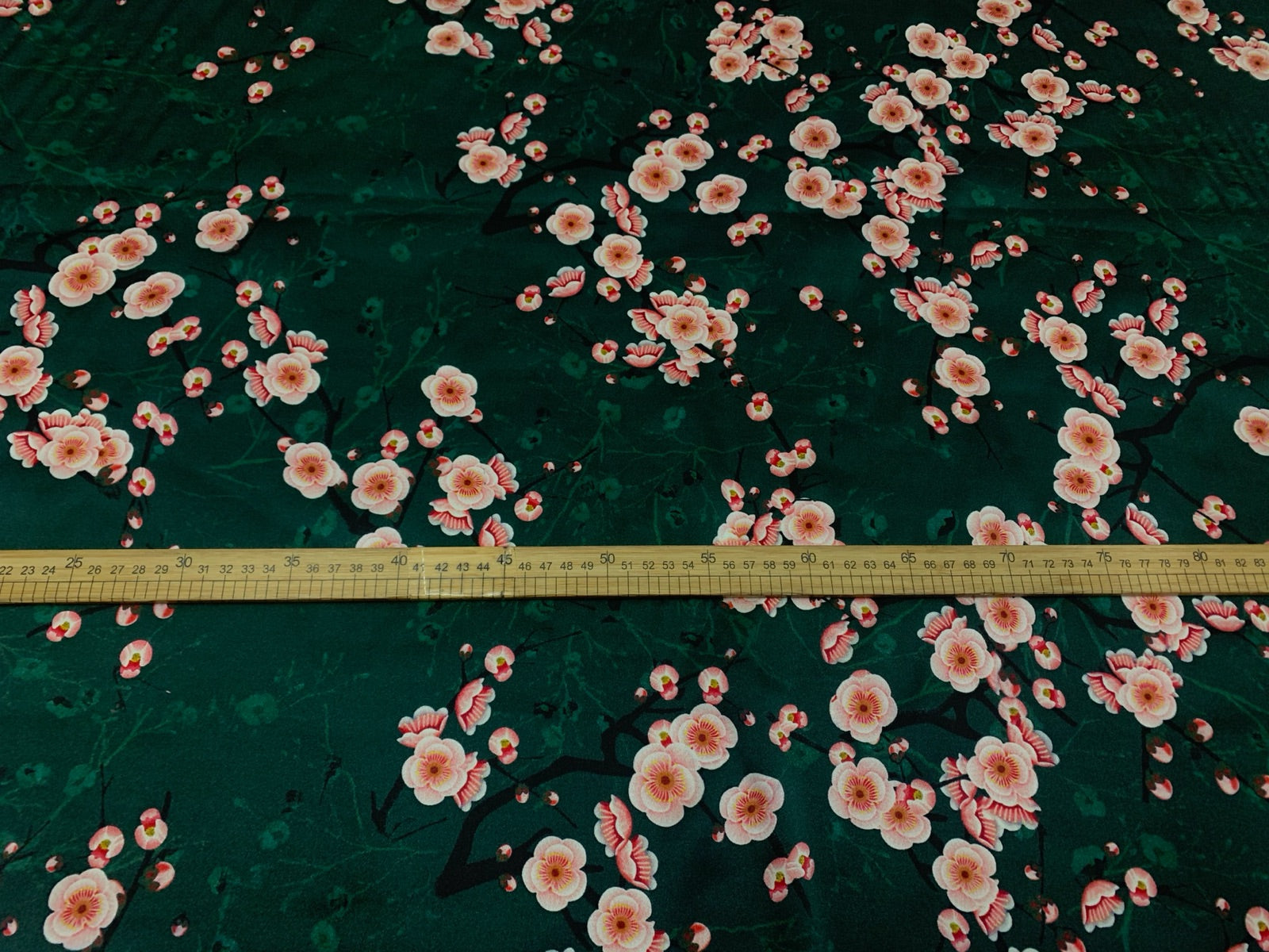 SHMLVA - 19 Momme Dark Green Peach Blossom Pattern Digital Print Stretch Silk Satin Fabric - 108cm wide by the Yard