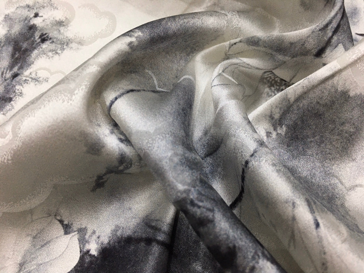 SUIMOL - 19 Momme Ink Lotus Pattern Digital Print Stretch Silk Satin Fabric - 140cm wide by the Yard