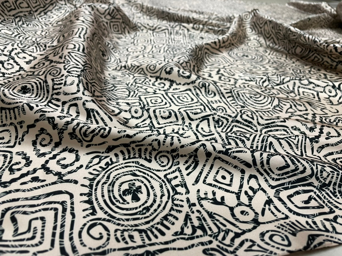 TUANXA - 19 Momme Pictographic Geometry Pattern Digital Print Stretch Silk Satin Fabric - 108cm wide by the Yard