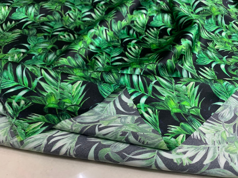 XINLVY - 19 Momme Green Leaves Pattern Digital Print Stretch Silk Satin Fabric - 140cm wide by the Yard
