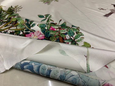 XQUZTO - 19 Momme Chinese Classical Style Magpie Branch Pattern Digital Print Stretch Silk Satin Fabric - 108cm wide by the Yard
