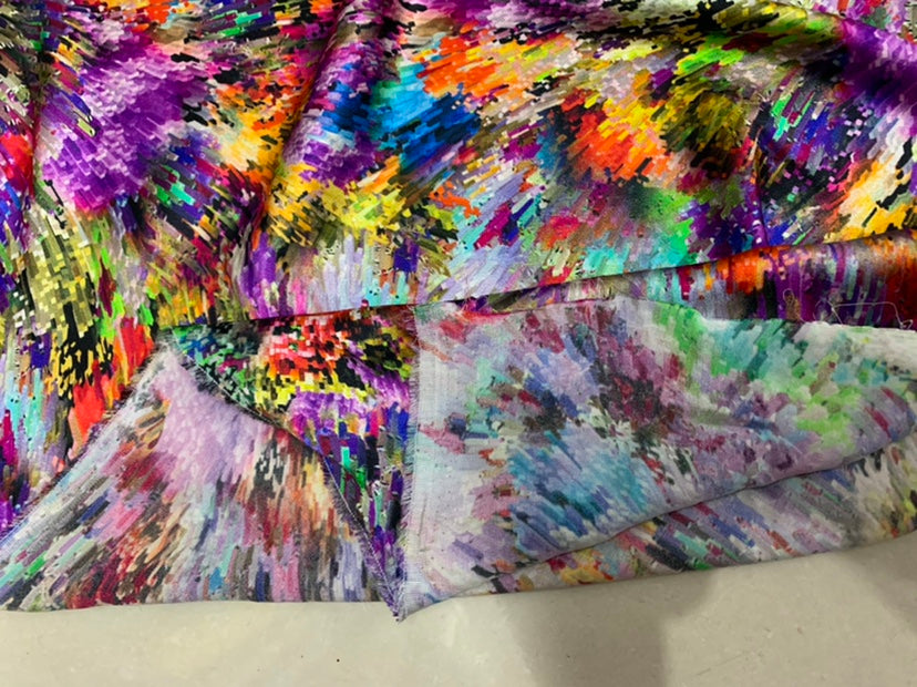 XUANCA - 19 Momme Colorful Paint Pattern Digital Print Stretch Silk Satin Fabric - 140cm wide by the Yard