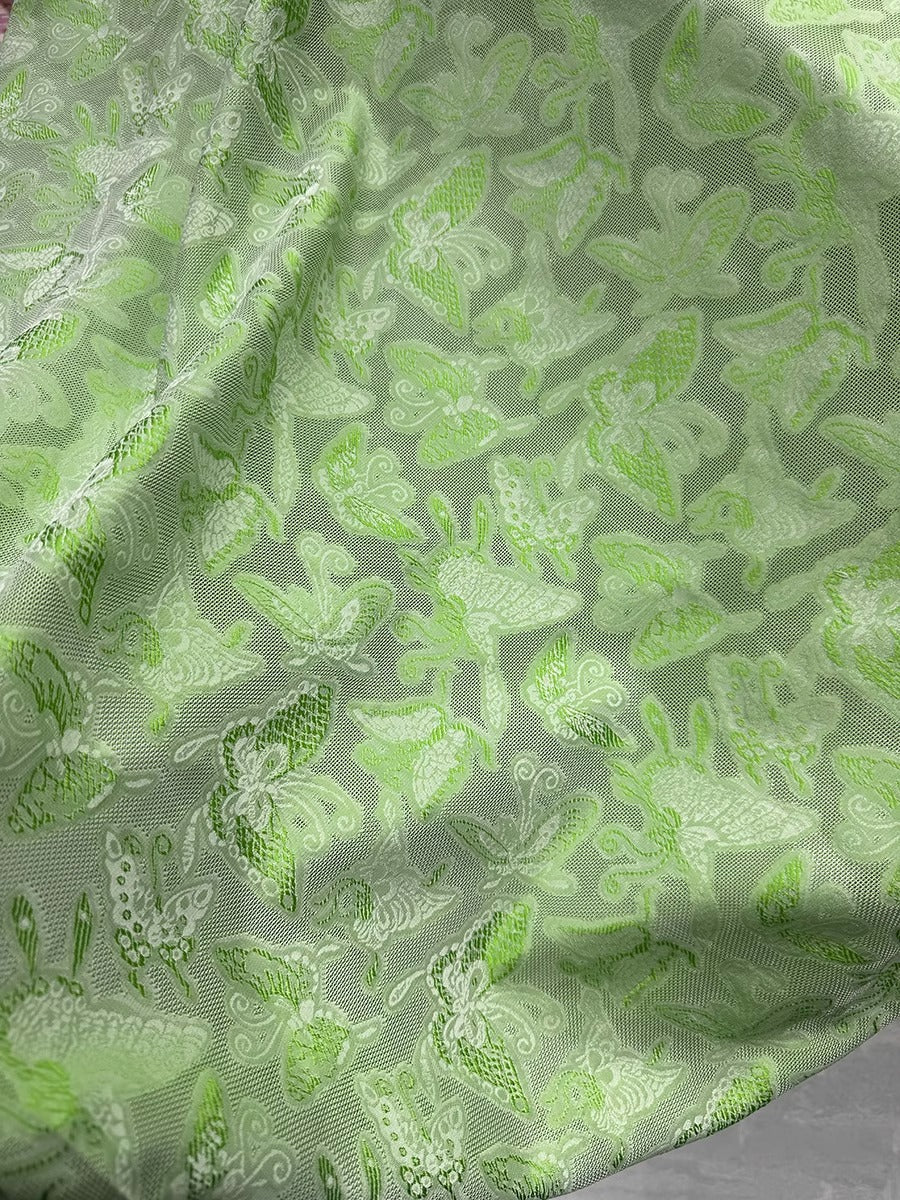 XYSJLHD - Leno silk fabric, 25 momme 114cm wide, green butterfly, 100% mulberry silk