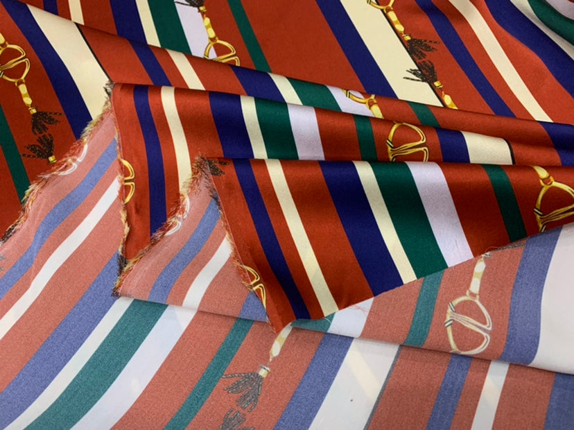 YAODTI - 19 Momme Belt Stripes Pattern Digital Print Stretch Silk Satin Fabric - 140cm wide by the Yard