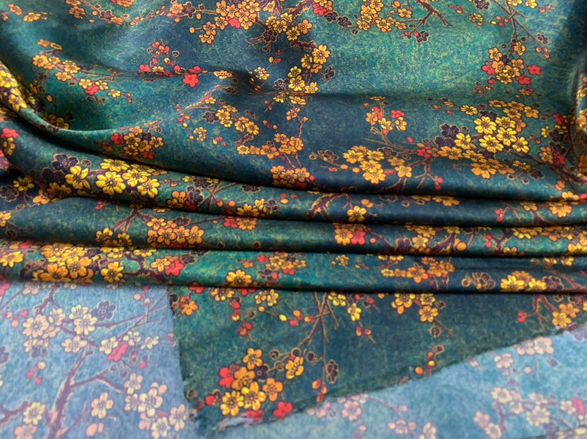 YEMEIF - 19 Momme Yellow Plum Blossom Pattern Digital Print Stretch Silk Satin Fabric - 108cm wide by the Yard