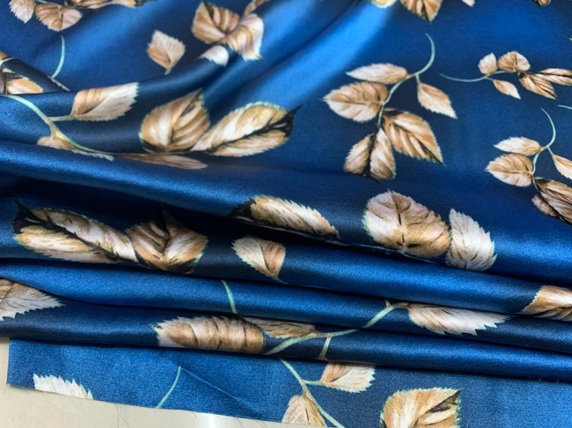 YOYANA - 19 Momme Noble and Elegant Blue Leaves Pattern Digital Print Stretch Silk Satin Fabric - 140cm wide by the Yard