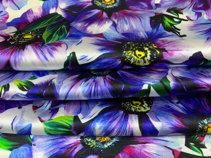 ZENSIH - 19 Momme Flowers Pattern Digital Print Stretch Silk Satin Fabric - 108cm wide by the Yard