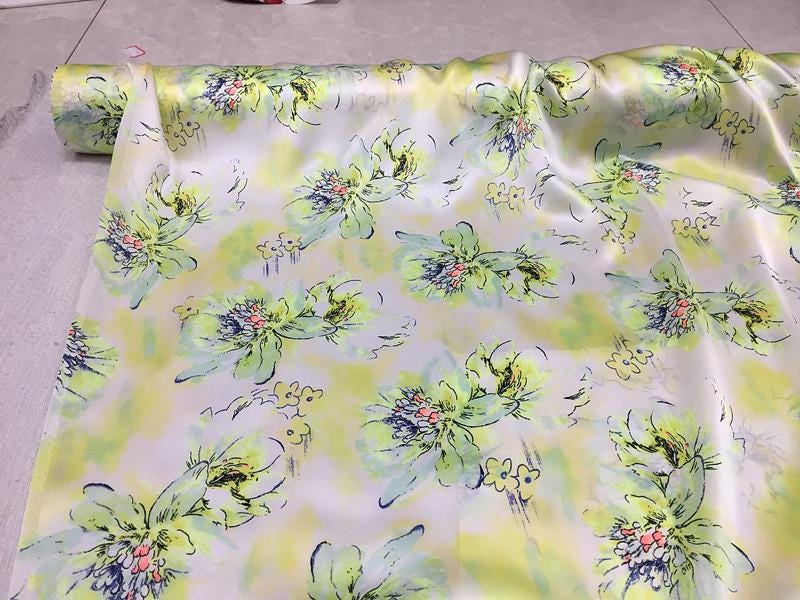 SZDSMH- 14 Momme Fluorescent Green Ink Floral Print Stretch  Charmeuse Silk Satin Fabric - 114cm wide by the Yard