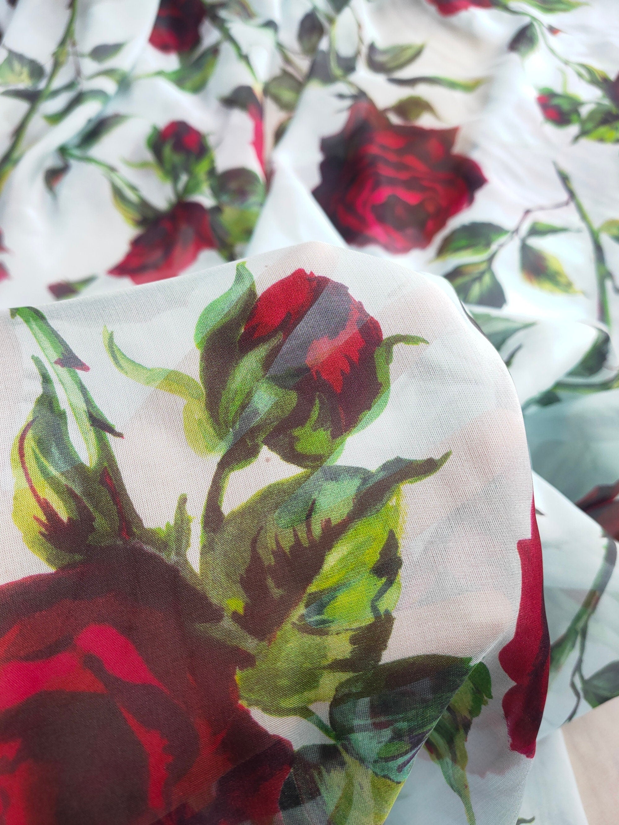HONGMG - 10 Momme Red Rose on Light Blue Silk Chiffon Fabric - 130cm wide by the Yard