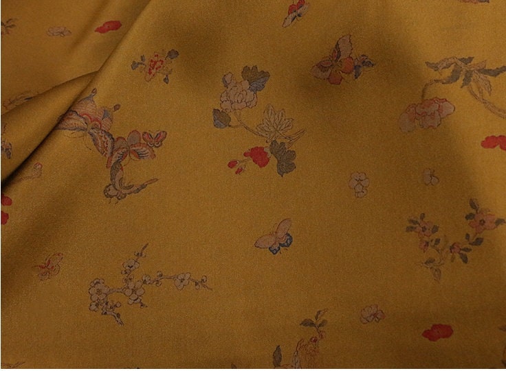 HUDH - 35 Momme Butterfly Flower Print Double-Sided Satin Mud Silk Fabric - 105cm wide by the Yard