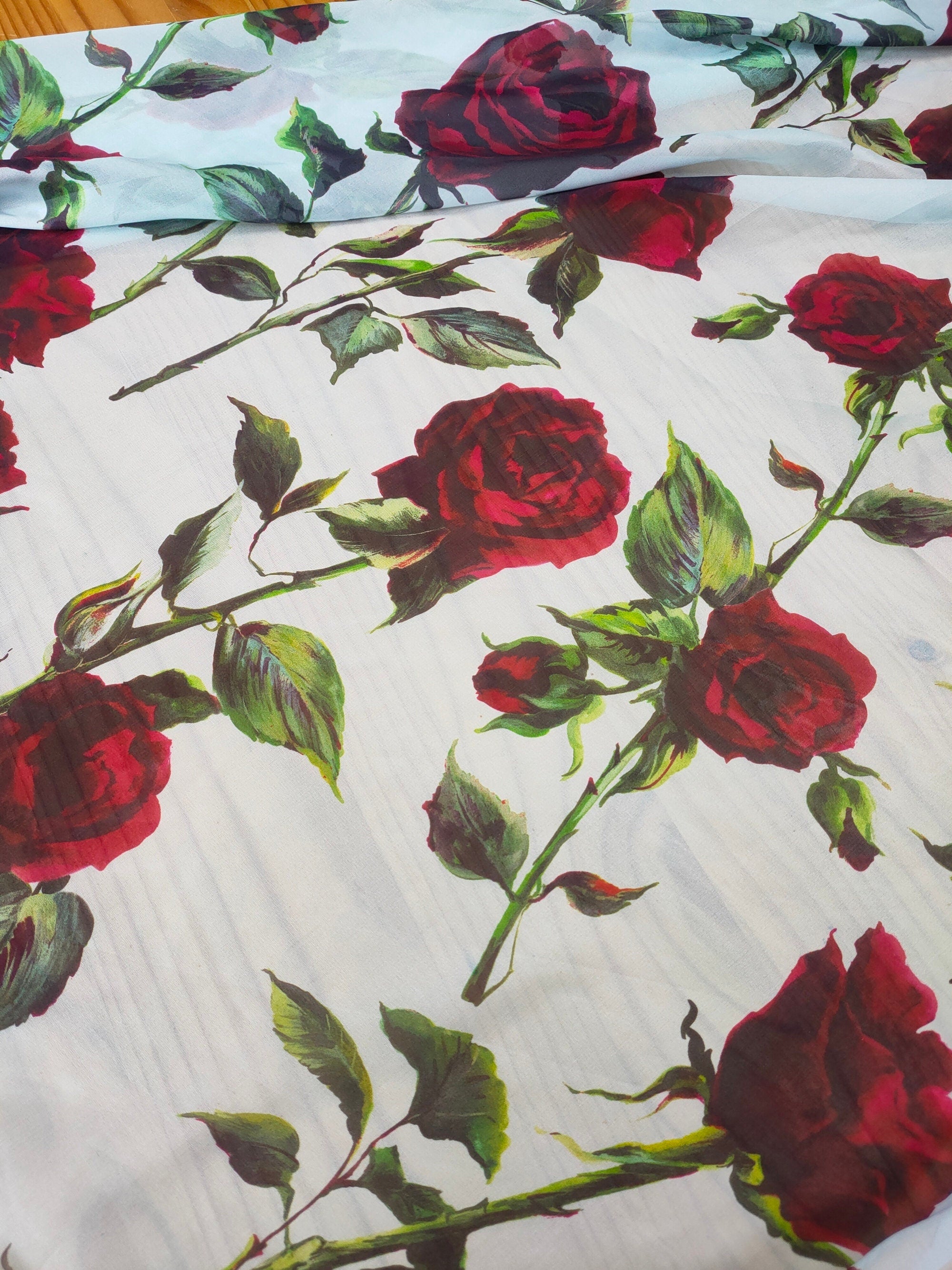 HONGMG - 10 Momme Red Rose on Light Blue Silk Chiffon Fabric - 130cm wide by the Yard